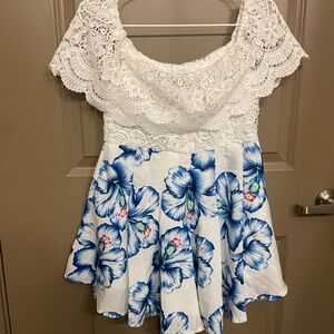 Lace Romper with blue flower bottom